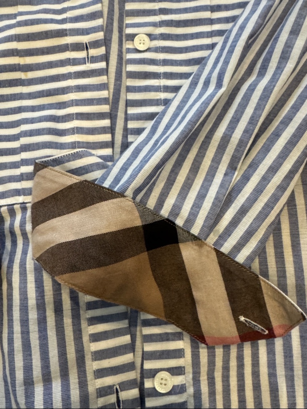 Burberry Blue and White Striped Dress Shirt with Signature Cuff Detail. - Picture 2 of 7
